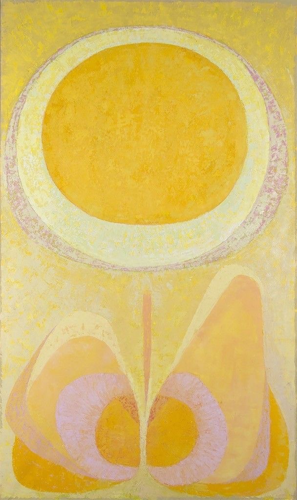 A painted yellow sun above soft pink and yellow forms
