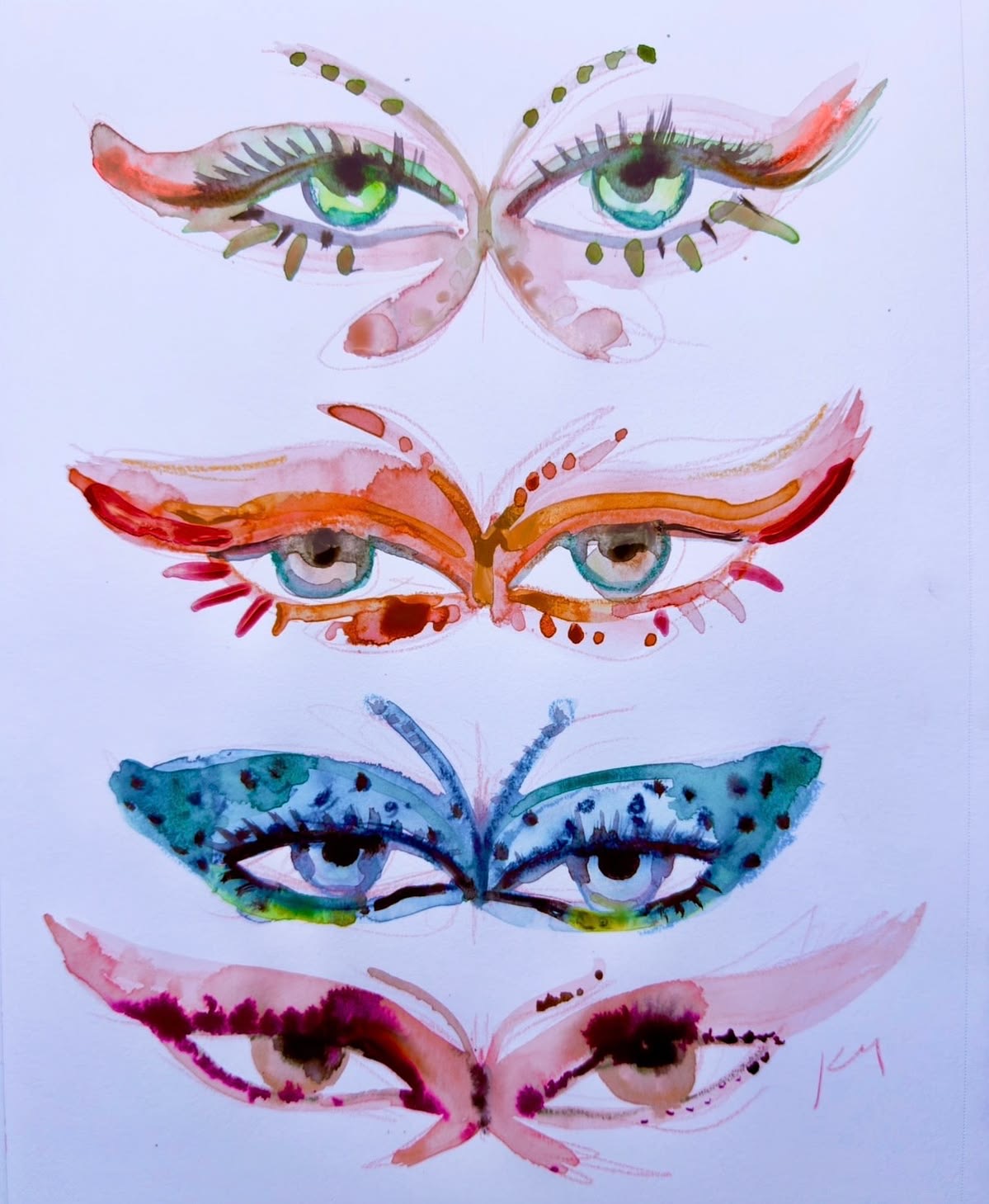 Watercolor studies of four pairs of expressive eyes