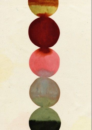 A vertical stack of painted circles in mustard, deep red, coral, dusty blue, and moss.